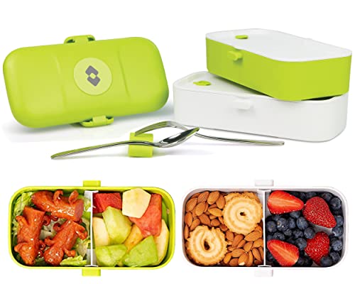 SARZ Bento Lunch Box for Kids - with 2 Containers and 4 Compartments, Modern Stackable Cute Bento Lunch Box with Cutlery Set, Two Adjustable Dividers, Microwave and Dishwasher Safe (Green)