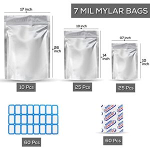 DALI HOME-60 pc Mylar Bags for Food Storage with 60 Oxygen Absorbers & 60 blank labels-10x14in 25 pcs,7x10in 25pcs,17x26in 10pcs-7 mil Mylar bag-Sealable Mylar bag-Food storage solutions,000-DALI-60