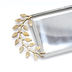 21" Long Decorative Golden Vine Oval Centerpiece Silver Serving Tray with Accents by Gute - Stainless Steel Metal & Brass, Gold Leaves Trim Accent Design, Serveware Foods Home Decor Gifts
