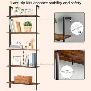 HOOBRO DIY Ladder Shelf Bookcase, 5-Tier Wall Mounted Ladder Bookshelf, Office Vertical Bookcase, Wooden Storage Shelves for Home Office, Bedroom, Living Room, Rustic Brown and Black BF53CJ01