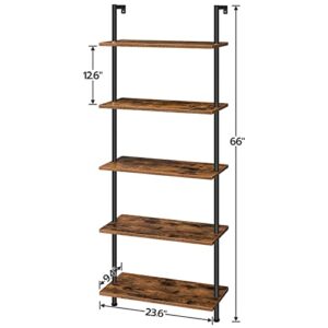 HOOBRO DIY Ladder Shelf Bookcase, 5-Tier Wall Mounted Ladder Bookshelf, Office Vertical Bookcase, Wooden Storage Shelves for Home Office, Bedroom, Living Room, Rustic Brown and Black BF53CJ01