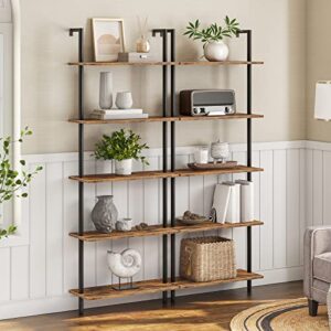 HOOBRO DIY Ladder Shelf Bookcase, 5-Tier Wall Mounted Ladder Bookshelf, Office Vertical Bookcase, Wooden Storage Shelves for Home Office, Bedroom, Living Room, Rustic Brown and Black BF53CJ01