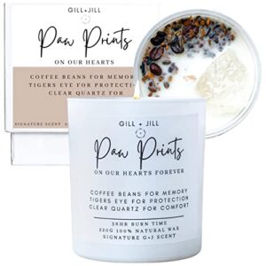 paw prints pet memorial candle, loss of dog or cat remembrance sympathy grief condolence bereavement gifts, paraffin-free 100% natural soy wax blend with clear quartz, tiger eye and coffee beans