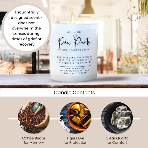 Paw Prints Pet Memorial Candle, Loss of Dog or Cat Remembrance Sympathy Grief Condolence Bereavement Gifts, Paraffin-Free 100% Natural Soy Wax Blend with Clear Quartz, Tiger Eye and Coffee Beans