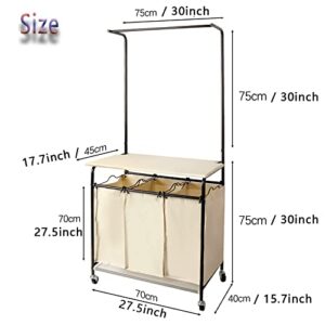 Laundry Sorter Cart with Ironing Board 3-Section Laundry Hamper and Hanging Bar Clothes Rack Heavy-Duty Rolling Laundry Cart with 3 Removable Bags