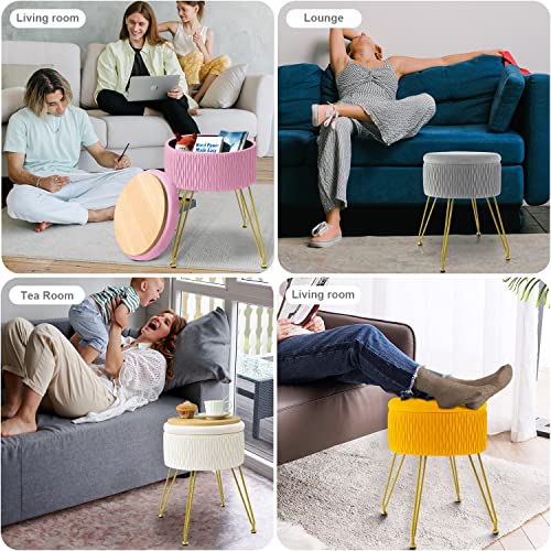 GERANT Velvet Storage Ottoman Vanity Stools - Multifunctional Upholstered Pleated Round Footrest with Golden Metal Legs,Removable Coffee Table Top Cover,Suitable for Living Room,Bedroom(Gray)