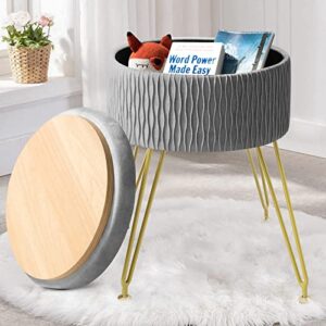 GERANT Velvet Storage Ottoman Vanity Stools - Multifunctional Upholstered Pleated Round Footrest with Golden Metal Legs,Removable Coffee Table Top Cover,Suitable for Living Room,Bedroom(Gray)