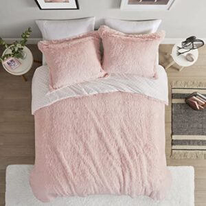 Intelligent Design Shaggy Faux Fur Cozy Reversible Comforter Set Petal Print Reverse, Modern All Season Lightweight Fuzzy Bedding with Matching Sham, Blush Full/Queen 3 Piece