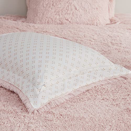 Intelligent Design Shaggy Faux Fur Cozy Reversible Comforter Set Petal Print Reverse, Modern All Season Lightweight Fuzzy Bedding with Matching Sham, Blush Full/Queen 3 Piece