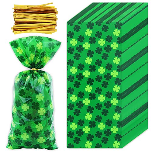 Boerni St. Patrick's Day Four-leaf clover Irish Lucky Shamrock Cellophane Plastic Candy Cookie Treat Goodies Gift Bags 100pcs And Gold Twist Ties for Saint Patrick's Day Party Favor Supplies