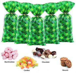 Boerni St. Patrick's Day Four-leaf clover Irish Lucky Shamrock Cellophane Plastic Candy Cookie Treat Goodies Gift Bags 100pcs And Gold Twist Ties for Saint Patrick's Day Party Favor Supplies