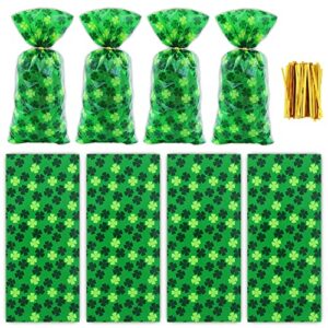 Boerni St. Patrick's Day Four-leaf clover Irish Lucky Shamrock Cellophane Plastic Candy Cookie Treat Goodies Gift Bags 100pcs And Gold Twist Ties for Saint Patrick's Day Party Favor Supplies