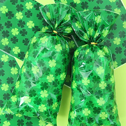 Boerni St. Patrick's Day Four-leaf clover Irish Lucky Shamrock Cellophane Plastic Candy Cookie Treat Goodies Gift Bags 100pcs And Gold Twist Ties for Saint Patrick's Day Party Favor Supplies