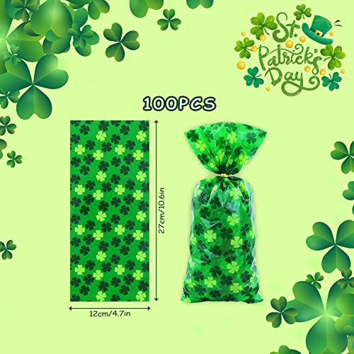 Boerni St. Patrick's Day Four-leaf clover Irish Lucky Shamrock Cellophane Plastic Candy Cookie Treat Goodies Gift Bags 100pcs And Gold Twist Ties for Saint Patrick's Day Party Favor Supplies