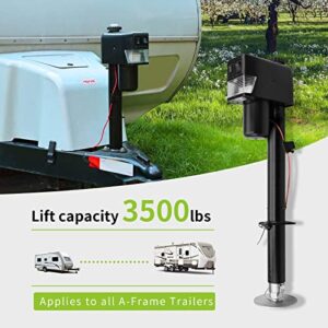RVMATE Electric A-Frame Trailer Jack up to 3500lbs Heavy Duty RV Electric Power Tongue Jack with Accessories Manual Crank Handle and Level, 18" Lift, 12V DC and Bright LED Lights, Black