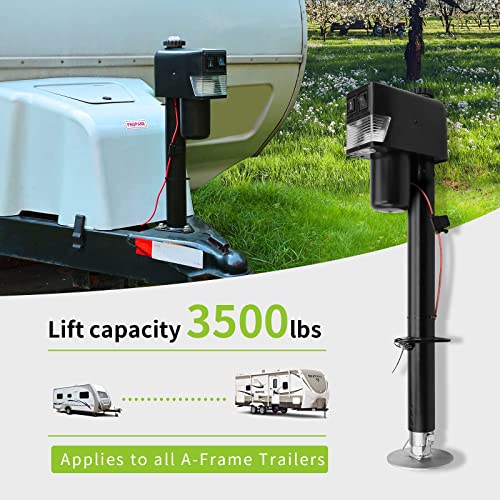 RVMATE Electric A-Frame Trailer Jack up to 3500lbs Heavy Duty RV Electric Power Tongue Jack with Accessories Manual Crank Handle and Level, 18" Lift, 12V DC and Bright LED Lights, Black