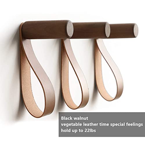 Fetcoi Wood Wall Hooks with Leather for Wall Mounted Single Hangers, 3pcs Wall Mounted Boho Single Organizer Hangers Vintage Handmade Craft Hat Rack