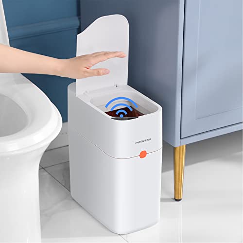 JOYBOS Touchless Bathroom Trash Cans with Lids | Automatic Privacy Garbage Can with Lid | 3.5 Gallon Motion Sensor Dogproof Plastic Slim Trash Bin for Bathroom,Office,Bedroom,RV, White