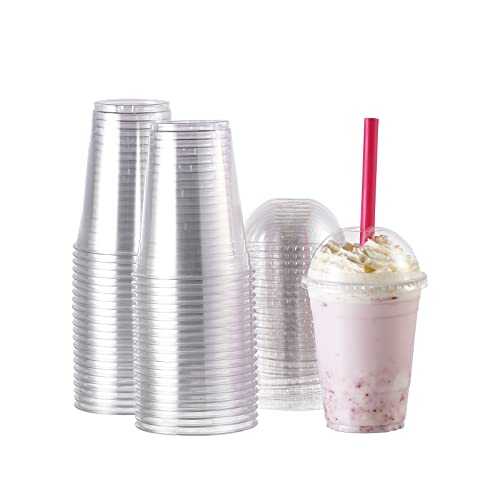 [100 Sets-16 oz.] Plastic Cups With Dome Straw Slot Lids PET Crystal Clear Disposable Togo Cup BPA Free For Party Ice Cold Drinks Coffee Tea Parfait Dessert Smoothie Bubble Boba Fruit Milkshake Slush