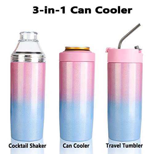 Aokpsrt 16OZ Can Cooler with Jigger Lid 3 in 1 Vacuum Insulated Stainless Steel Beer Cooler for Cans Cocktail Shaker and Tumbler Slim Can Cooler for Beer Bottles,Short Cans Home Bartender