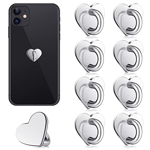 8 Pcs Cell Phone Finger Ring Adhesive Metal Phone Finger Grip Loop Stand Heart Grip Holder Phone Charm Hook for DIY Hanging Supplies (Silver)