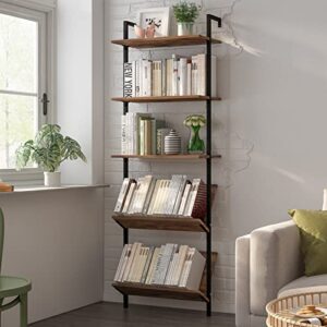 bukfen ladder bookshelf, 5 shelf modern bookcase, wall mount industrial bookshelf, open wood storage shelves with metal frame for bedroom office, rustic brown