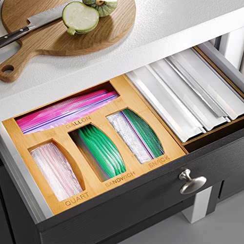 Hossejoy Bamboo Ziplock Bag Storage Organizer, Kitchen Plastic Bag Dispenser Holder, Zip lock Bag Container for Kitchen Drawer, Suitable for Gallon, Quart, Sandwich & Snack Variety Size Bags