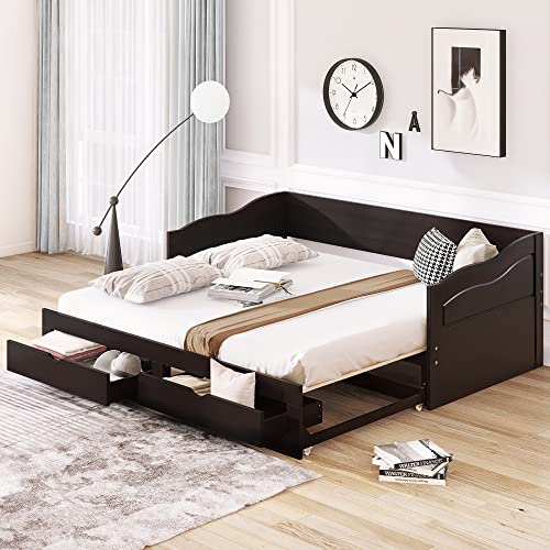 Bellemave Daybed with Drawers Twin Size Wood Daybed with Storage Extendable Twin to King Extending Daybed for Kids Teens Adults, No Box Spring Required, Espresso