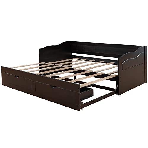 Bellemave Daybed with Drawers Twin Size Wood Daybed with Storage Extendable Twin to King Extending Daybed for Kids Teens Adults, No Box Spring Required, Espresso