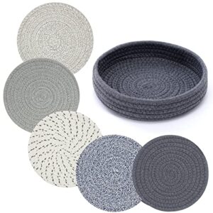 trivets for hot dishes, trivets for hot pots and pans, 7 inchs hot pads 5 pcs and storage basket 1 pack for countertops, pot holders for kitchen, cotton table protector hot mats heat resistant (mix)