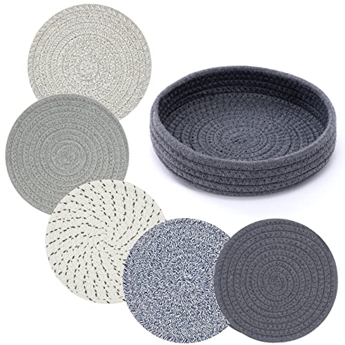 Trivets for Hot Dishes, Trivets for Hot Pots and Pans, 7 Inchs Hot Pads 5 Pcs and Storage Basket 1 Pack for Countertops, Pot Holders for Kitchen, Cotton Table Protector Hot Mats Heat Resistant (Mix)