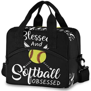 oarencol baseball black insulated lunch tote bag blessed and softball obsessed softball reusable cooler lunch box with shoulder strap for work picnic school beach