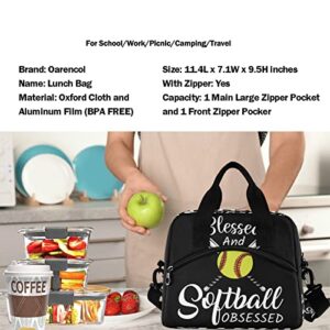 Oarencol Baseball Black Insulated Lunch Tote Bag Blessed and Softball Obsessed Softball Reusable Cooler Lunch Box with Shoulder Strap for Work Picnic School Beach