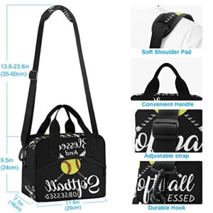 Oarencol Baseball Black Insulated Lunch Tote Bag Blessed and Softball Obsessed Softball Reusable Cooler Lunch Box with Shoulder Strap for Work Picnic School Beach