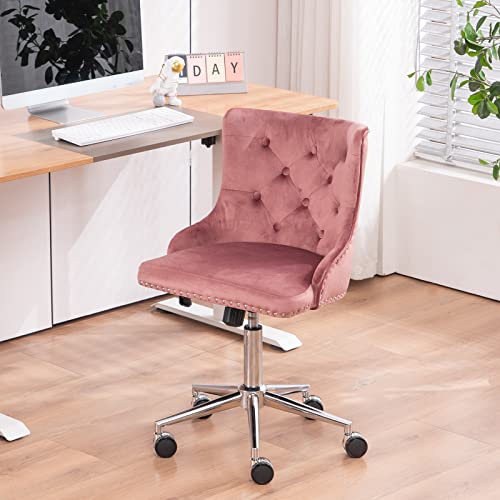 VINGLI Velvet Office Chair, Modern Office Chair Velvet Desk Chair Upholstered Office Chair Swivel Chair with Wheels, Tufted Office Chair Nail Tech Chair Accent Desk Chair for Home Office, Pink