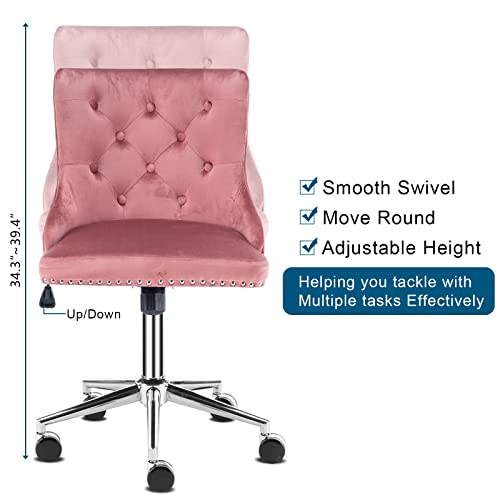 VINGLI Velvet Office Chair, Modern Office Chair Velvet Desk Chair Upholstered Office Chair Swivel Chair with Wheels, Tufted Office Chair Nail Tech Chair Accent Desk Chair for Home Office, Pink