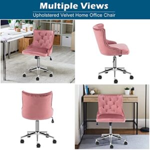 VINGLI Velvet Office Chair, Modern Office Chair Velvet Desk Chair Upholstered Office Chair Swivel Chair with Wheels, Tufted Office Chair Nail Tech Chair Accent Desk Chair for Home Office, Pink