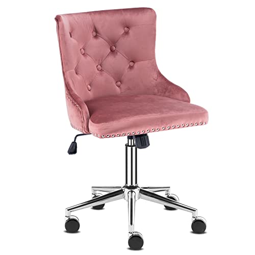 VINGLI Velvet Office Chair, Modern Office Chair Velvet Desk Chair Upholstered Office Chair Swivel Chair with Wheels, Tufted Office Chair Nail Tech Chair Accent Desk Chair for Home Office, Pink