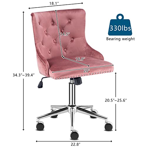 VINGLI Velvet Office Chair, Modern Office Chair Velvet Desk Chair Upholstered Office Chair Swivel Chair with Wheels, Tufted Office Chair Nail Tech Chair Accent Desk Chair for Home Office, Pink