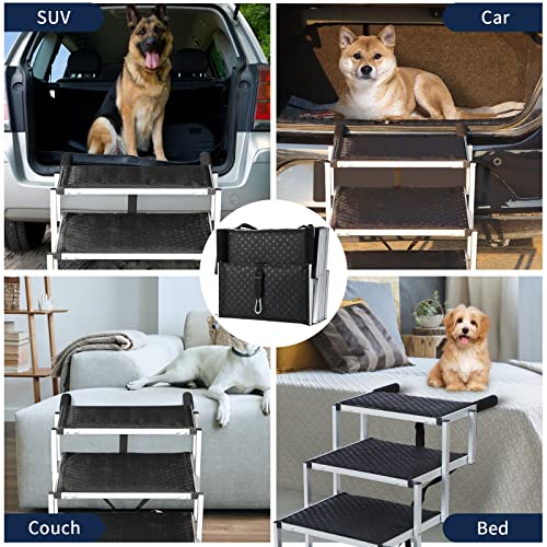 Extra Wide Foldable Dog Car Steps for Large Dogs, Portable Folding Pet Stair Ramp with Non-Slip Rug Surface，Lightweight Dog Ramps for Cars and SUV,Truck, Dog Car Stairs for Large Dogs Up to 250 lbs