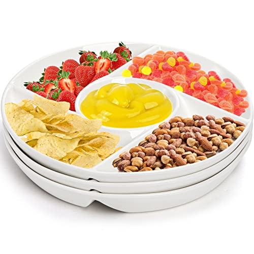 DEAYOU 3 Pack Ceramic Chip and Dip Serving Tray, Porcelain Divided Serving Plate, 10" Decorative Sectional Platter, 5-Compartment Stoneware Appetizer Fruit Dish for Party, Veggie, Snack, Entertain