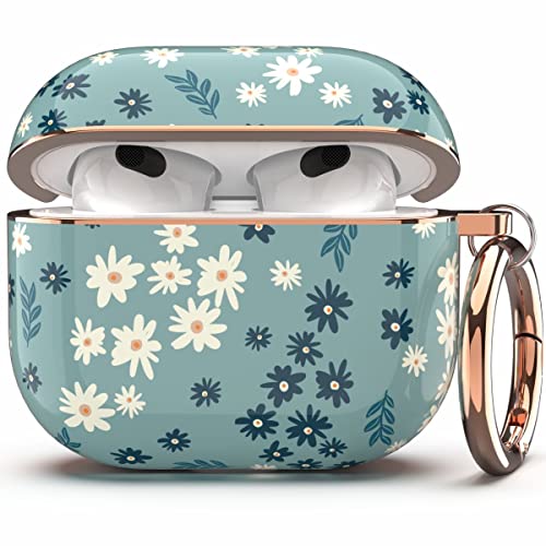 TATOFY Case Cover for AirPods 3, AirPods 3 Case for Women, Flora Protective Hard Case with Carabiner, Led Visible, Wireless Charging Compatible (Cyan)