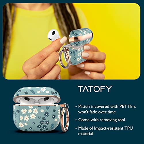 TATOFY Case Cover for AirPods 3, AirPods 3 Case for Women, Flora Protective Hard Case with Carabiner, Led Visible, Wireless Charging Compatible (Cyan)