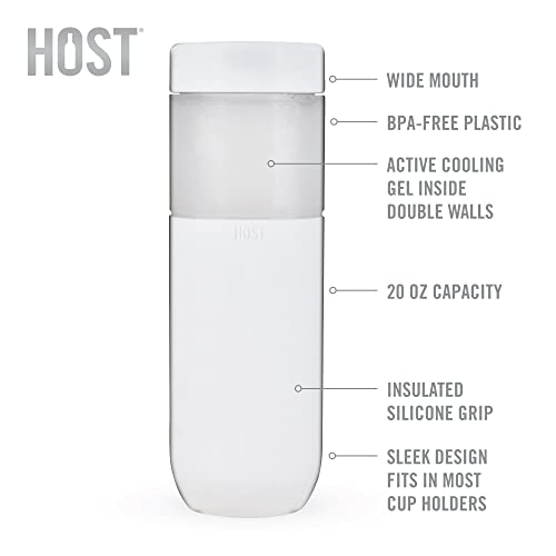 HOST Freeze Double Walled Insulated Water Bottle Freezer Tumbler with Active Cooling Gel Stainless Steel Lid and Silicone Grip, Set of 1 20 Oz Plastic Bottle, White