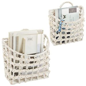 mdesign woven hyacinth hanging wall mount storage organizer basket - rustic hangable mounted market baskets for kitchen, bathroom, shelf - holds floral, food, and mail - set of 2 - white wash