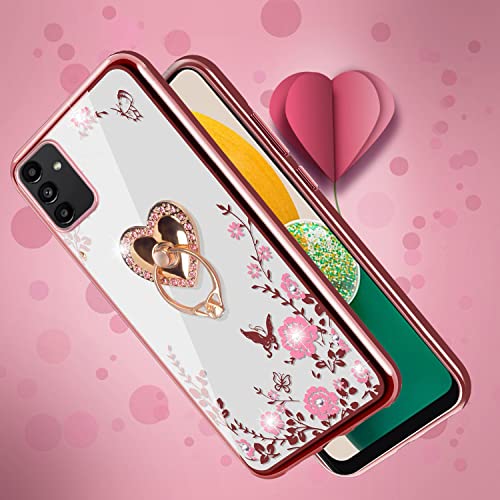 B-wishy for Samsung Galaxy A13 5G/4G/A04S Phone Case, Glitter Butterfly Heart Slim TPU Bling Diamond Rhinestone Cute for Girls Women with Ring Stand+Strap for Galaxy A13 5G/4G/A04S(Rose Gold)