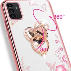 B-wishy for Samsung Galaxy A13 5G/4G/A04S Phone Case, Glitter Butterfly Heart Slim TPU Bling Diamond Rhinestone Cute for Girls Women with Ring Stand+Strap for Galaxy A13 5G/4G/A04S(Rose Gold)