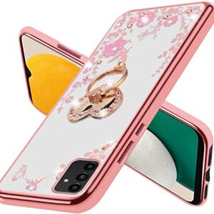 B-wishy for Samsung Galaxy A13 5G/4G/A04S Phone Case, Glitter Butterfly Heart Slim TPU Bling Diamond Rhinestone Cute for Girls Women with Ring Stand+Strap for Galaxy A13 5G/4G/A04S(Rose Gold)