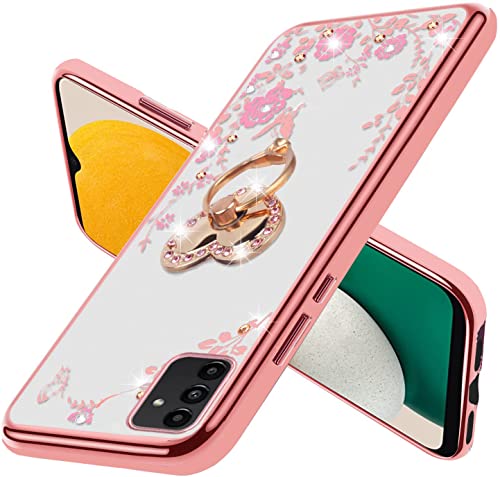 B-wishy for Samsung Galaxy A13 5G/4G/A04S Phone Case, Glitter Butterfly Heart Slim TPU Bling Diamond Rhinestone Cute for Girls Women with Ring Stand+Strap for Galaxy A13 5G/4G/A04S(Rose Gold)