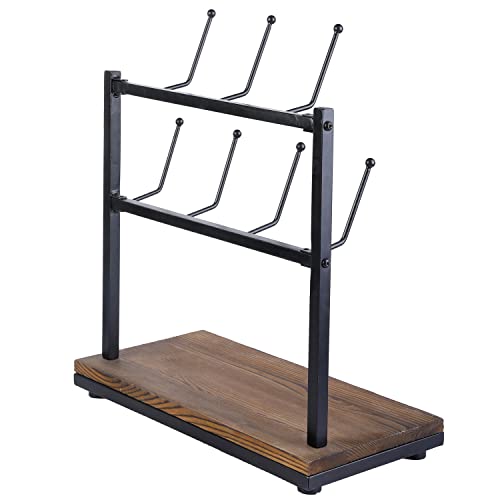 MyGift Rustic Burnt Wood and Black Metal Coffee Mug Holder Rack with 7 Hooks, Tabletop Coffee Bar Accessories Stand